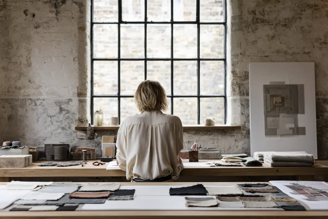 A designer at a long studio table laid with fabric samples, beneath a steel-framed window