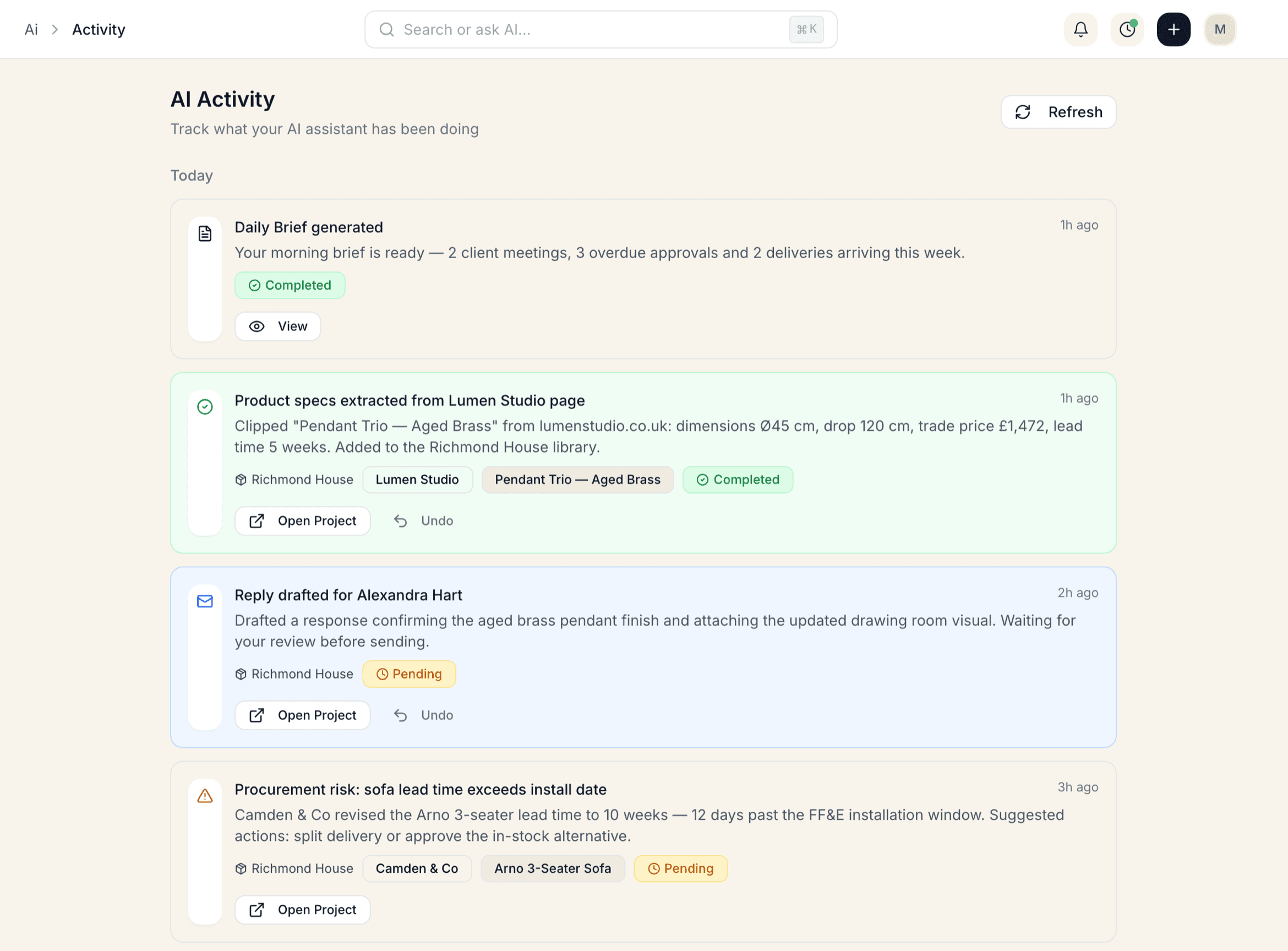 Techstyles AI Activity feed showing product spec extractions, drafted replies, risk flags and generated proposals with approve controls