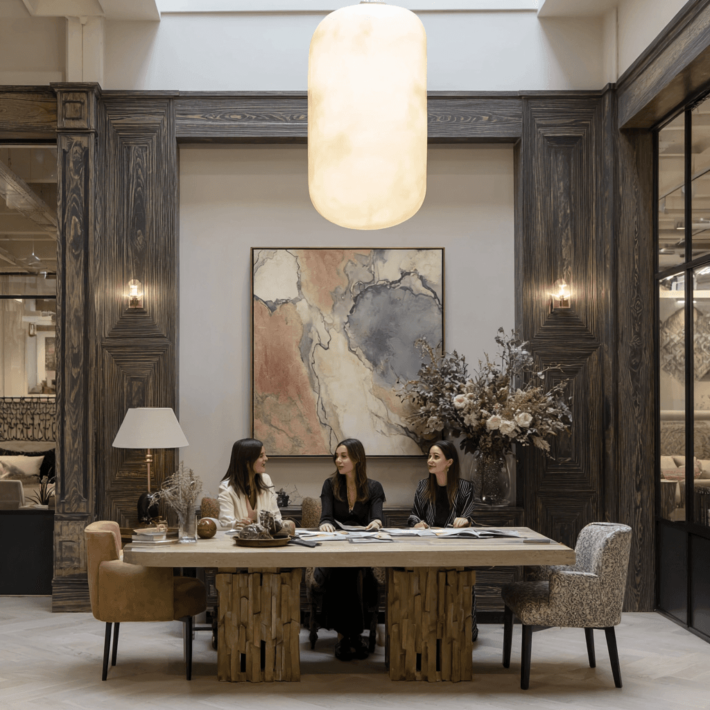 Interior design team collaborating at studio workspace with pendant lighting and modern decor - Techstyles AI reduces admin work