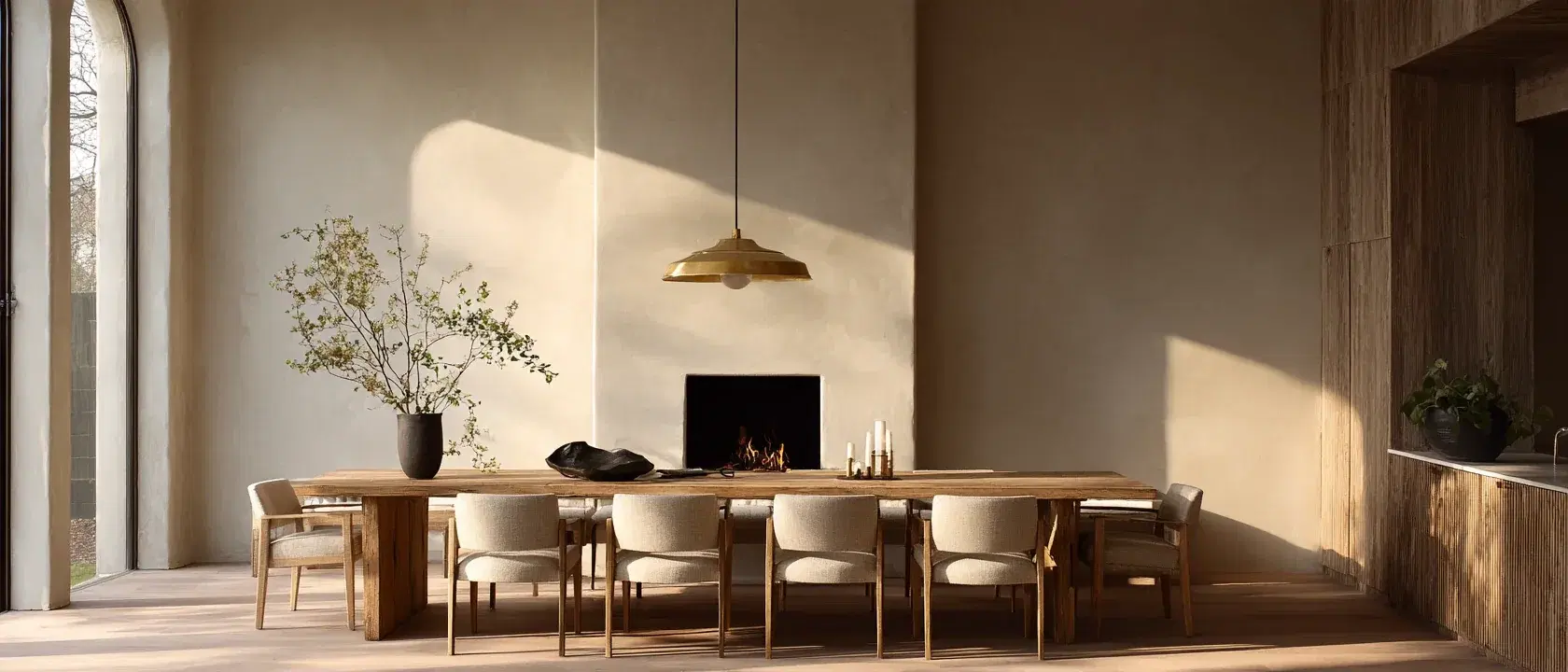 A long oak dining table with linen chairs under a brass pendant, a lit fireplace in the limewashed wall behind and tall arched windows to the left