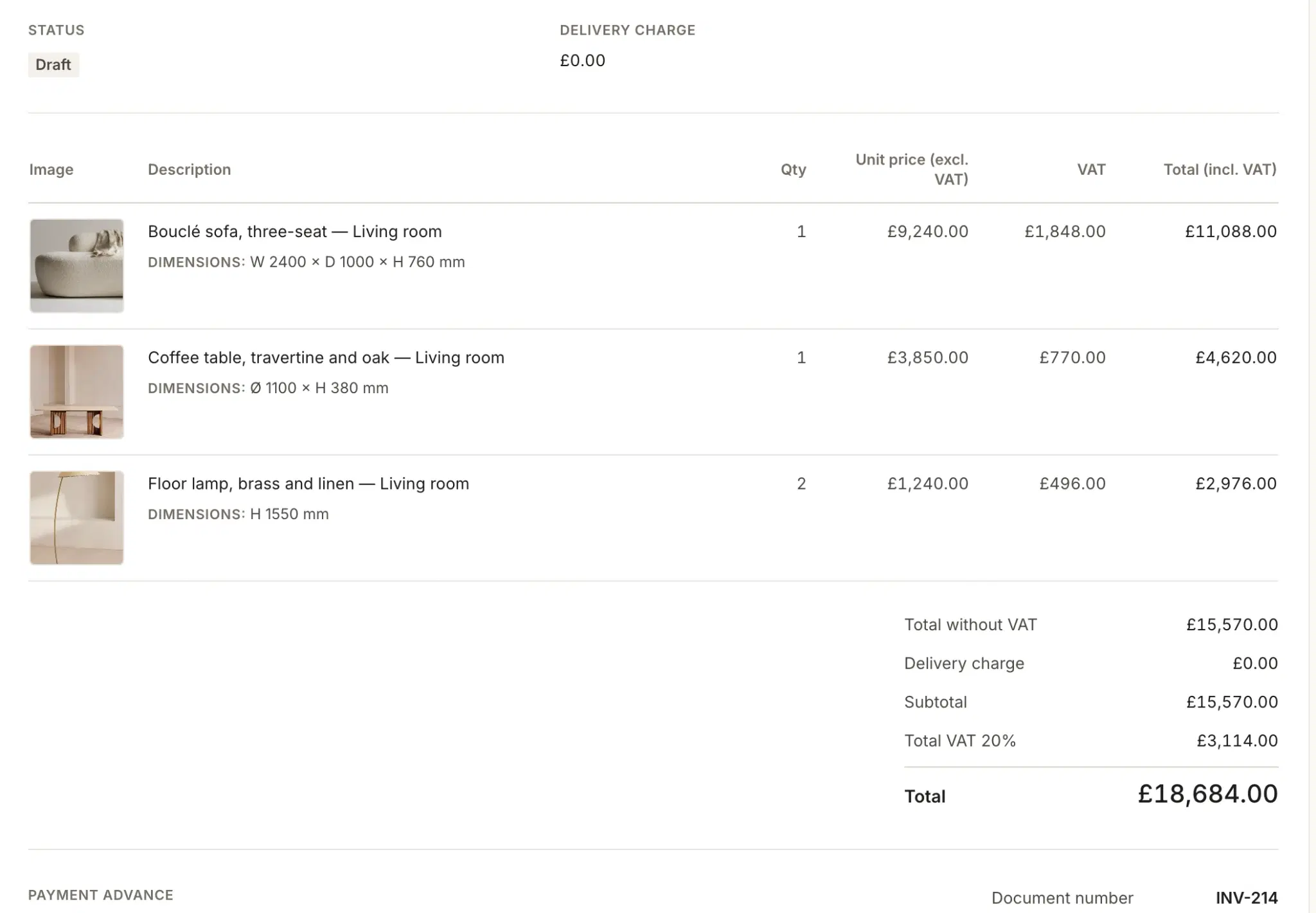 A Techstyles invoice for Mews House listing a bouclé sofa, a travertine coffee table and a floor lamp, with images, dimensions, unit prices, VAT and totals