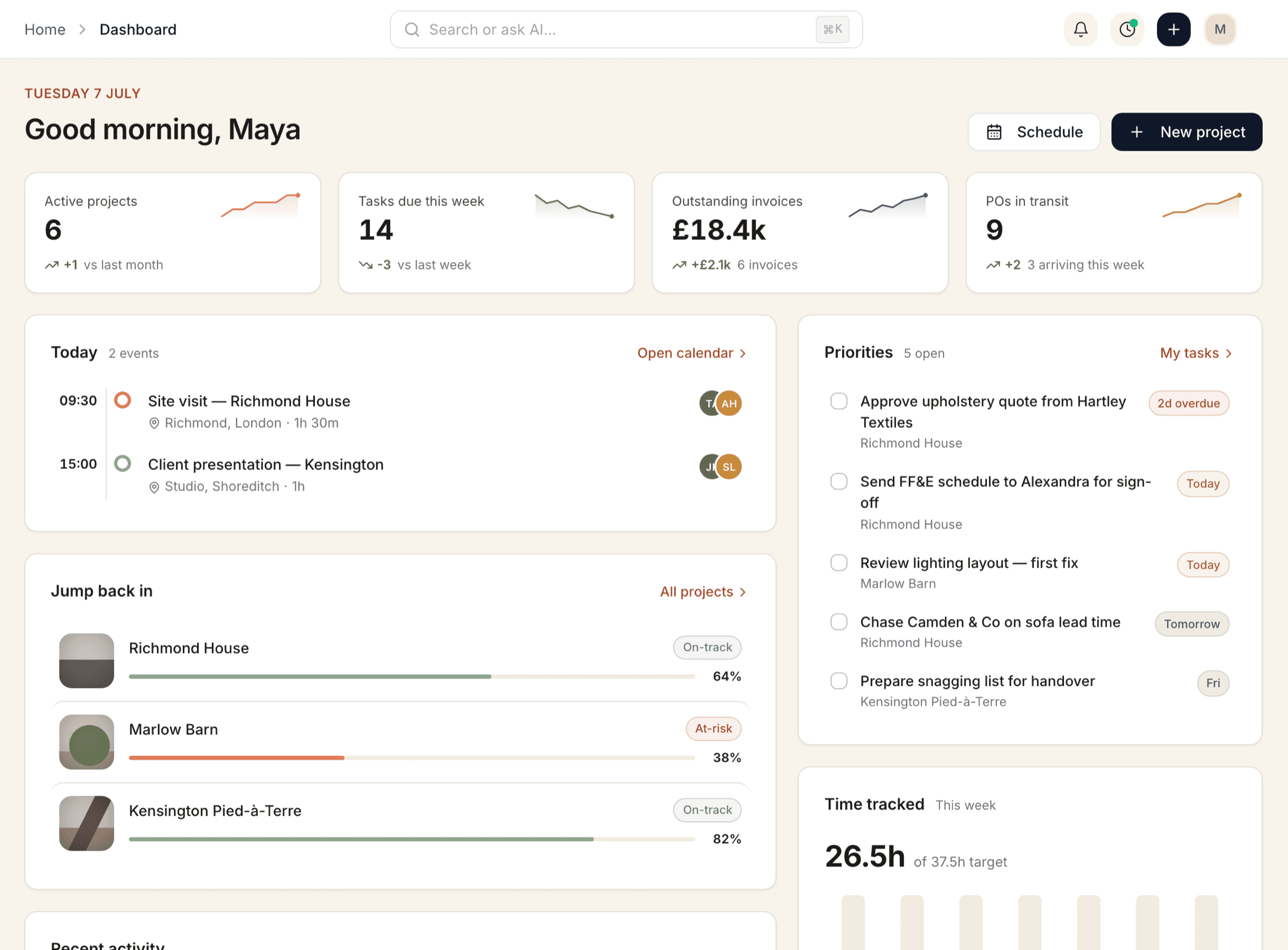 Techstyles dashboard showing a morning brief with the day’s meetings, approvals waiting on clients and deliveries due across every project