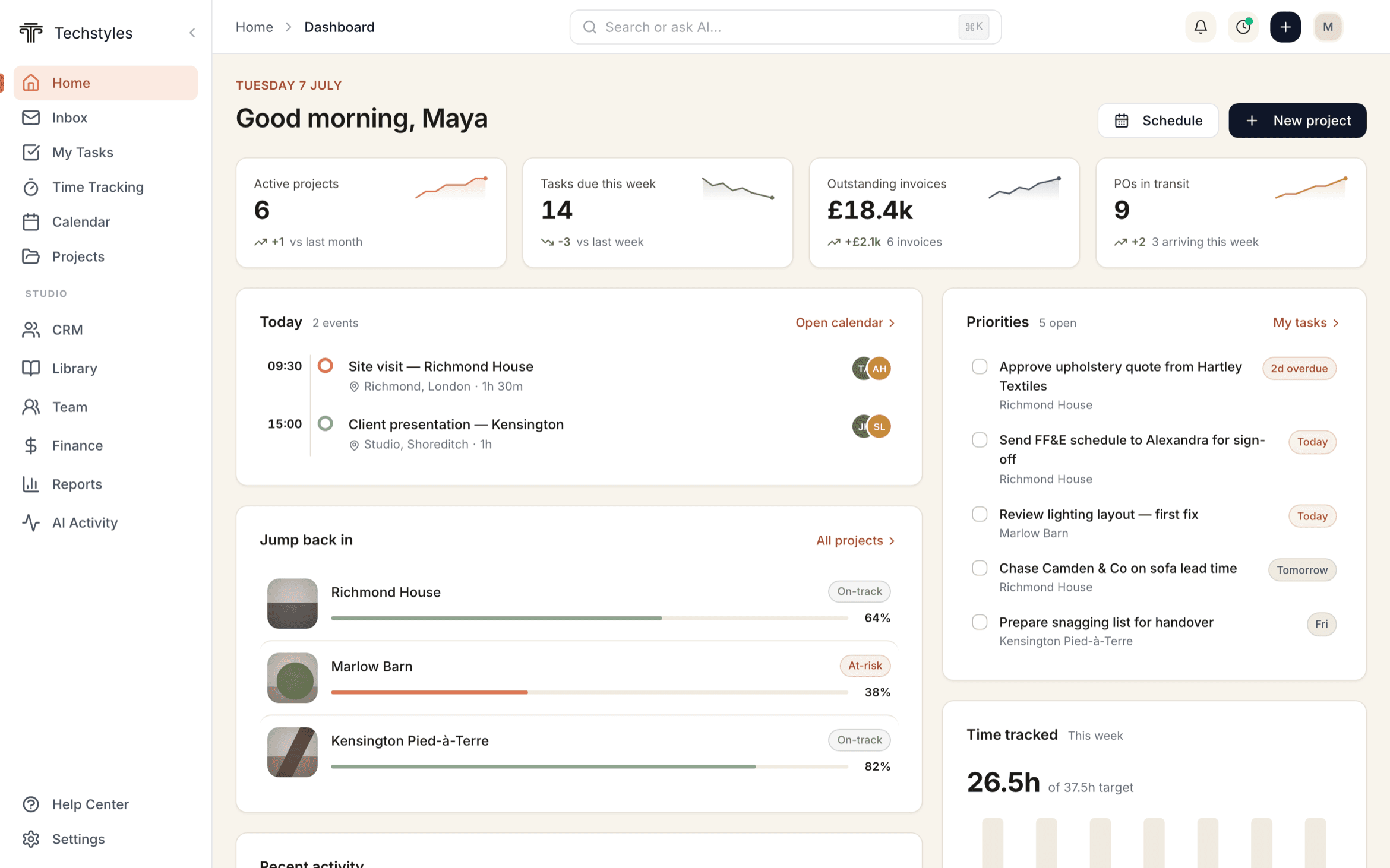 Techstyles project management dashboard showing active interior design projects including Chelsea Penthouse, Cotswold Country Home, and Bath Boutique Hotel with progress tracking, budgets, and team assignments