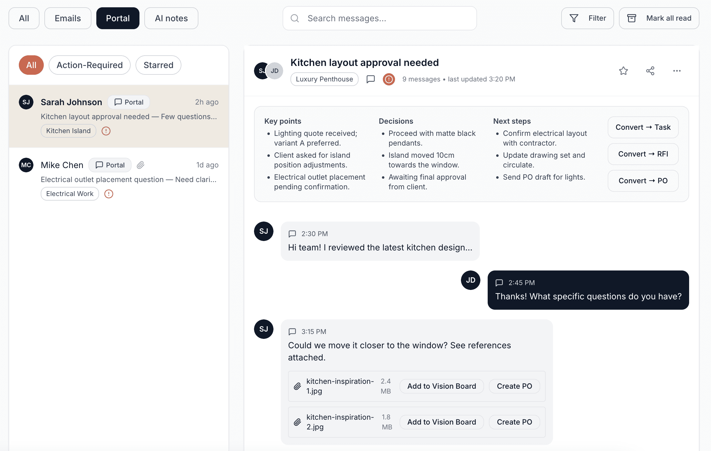 Messages workspace with threads, AI key points and next steps