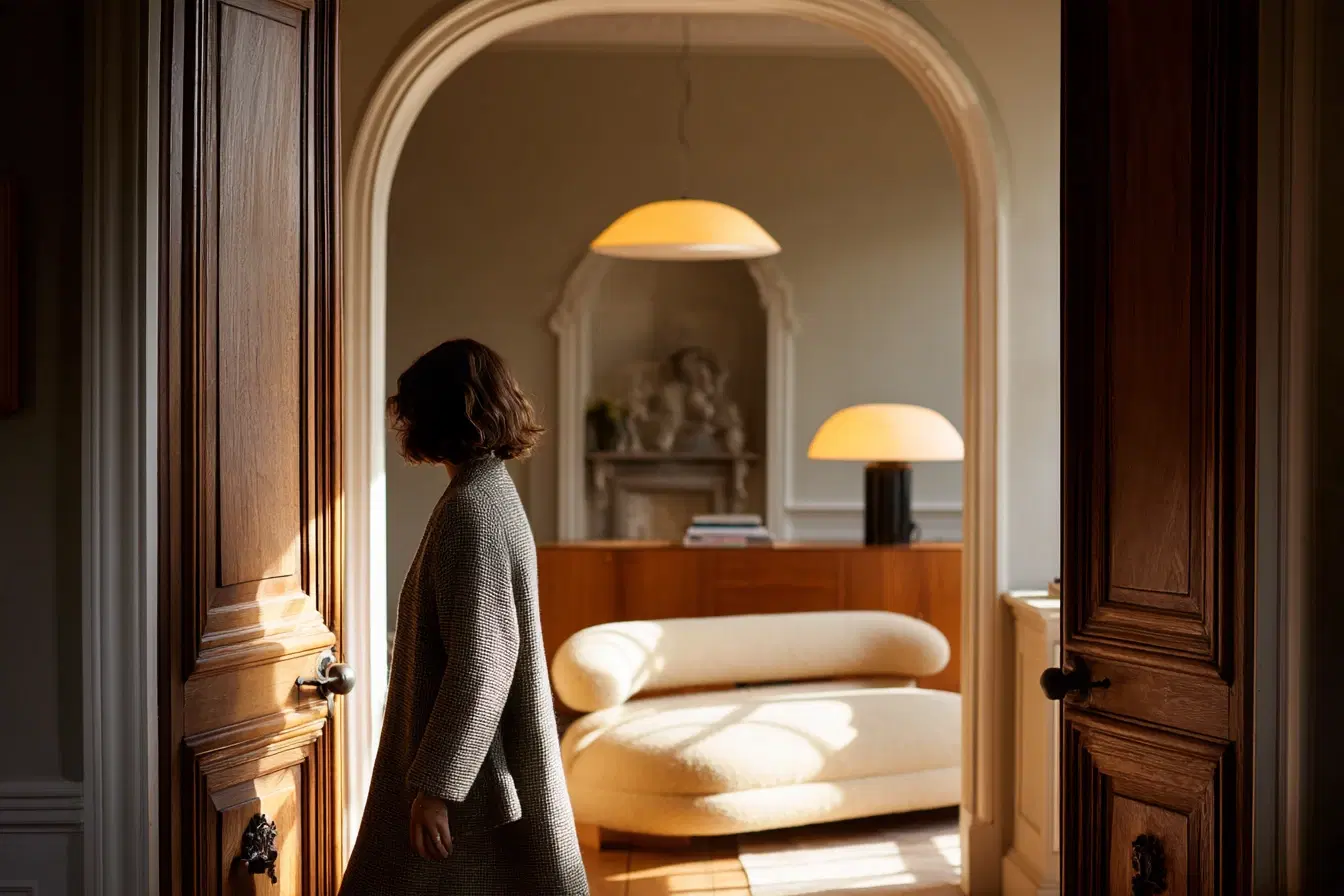 A client stepping through a panelled doorway into a lamplit room