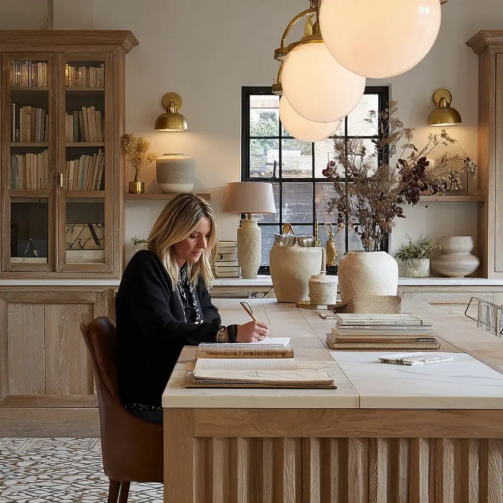 A designer sketching at an oak desk beneath globe pendants