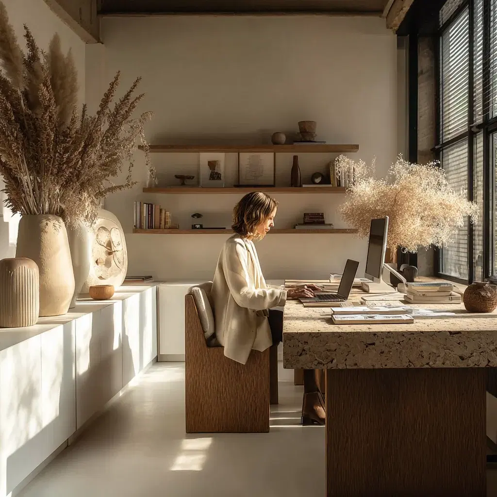 An interior designer at a travertine desk in a sunlit limewashed studio, with dried grasses and stoneware on the shelves