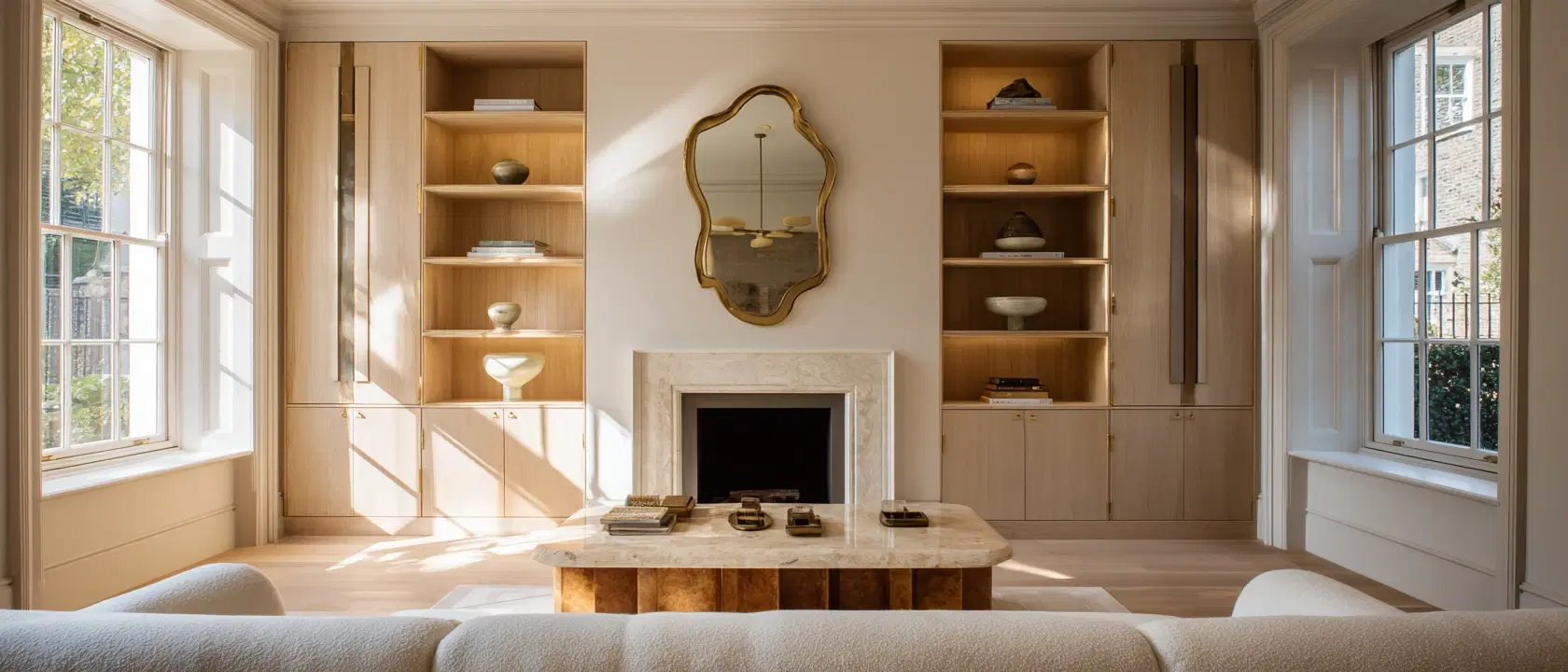 A Georgian drawing room in late sun: sash windows, oak shelving either side of a marble fireplace, a bouclé sofa in the foreground