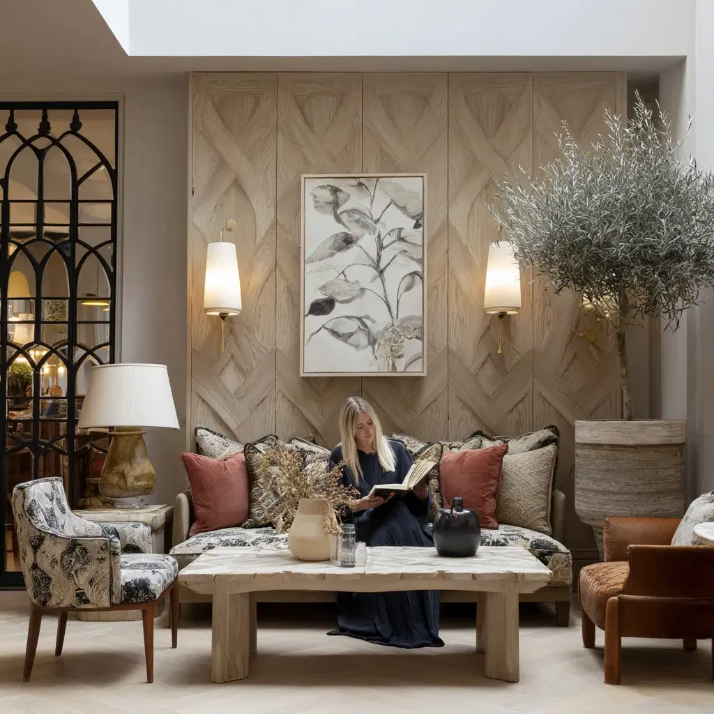 A client reading on a sofa in a panelled sitting room lit by wall lights
