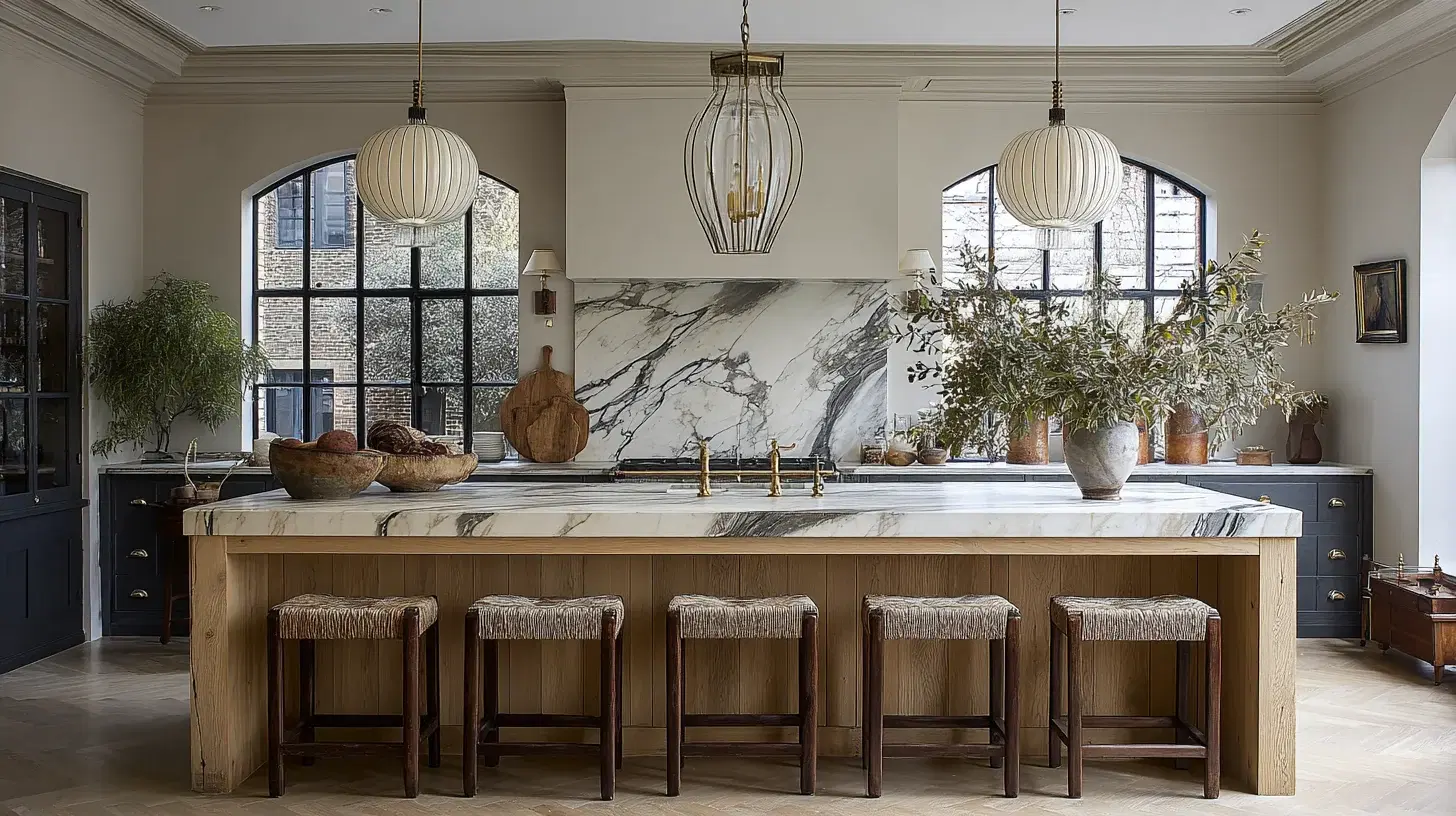 An oak kitchen island with a veined marble splashback beneath a tall window