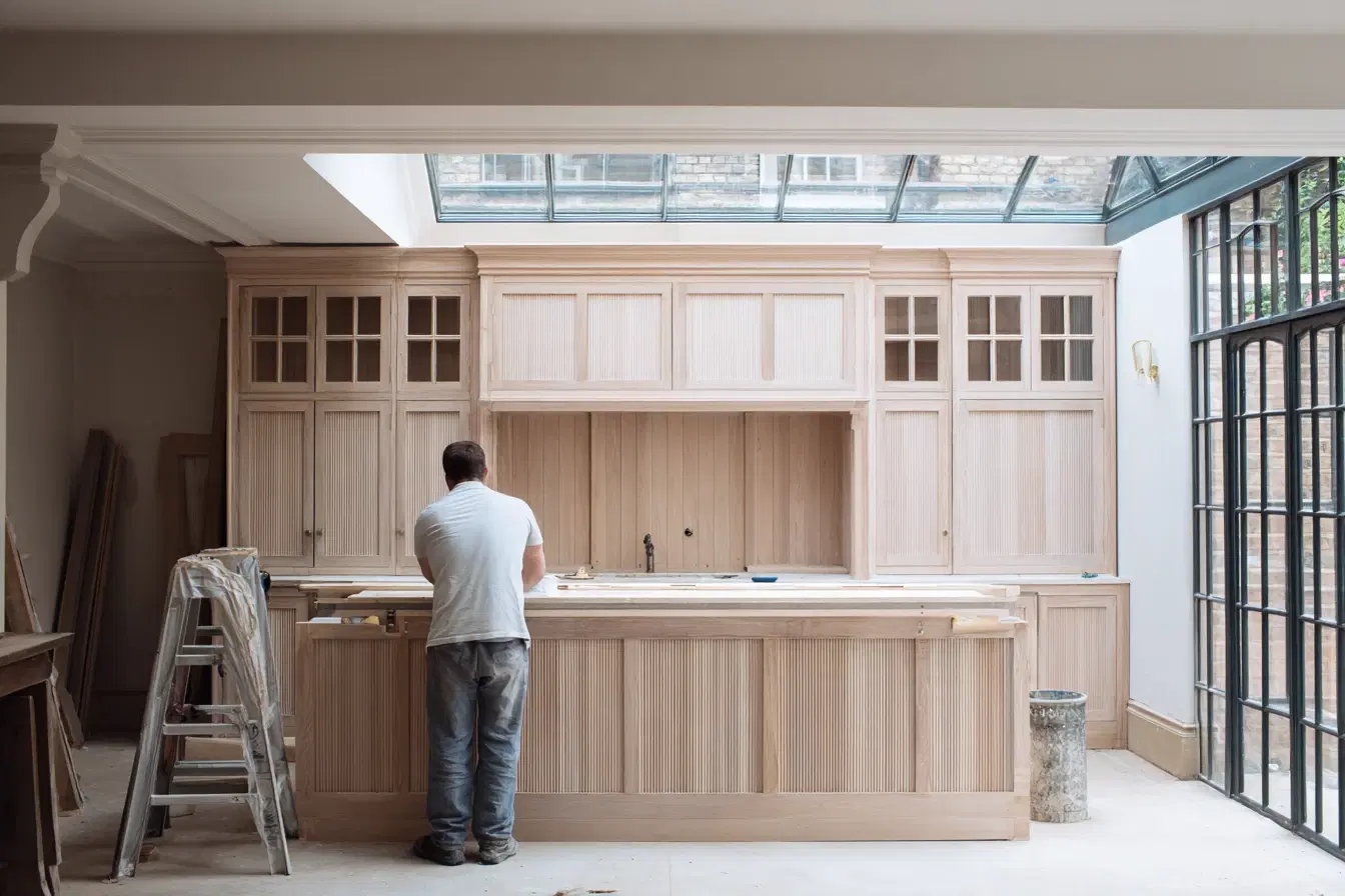 A joiner fitting a limed oak kitchen island with fluted panels under a glazed roof