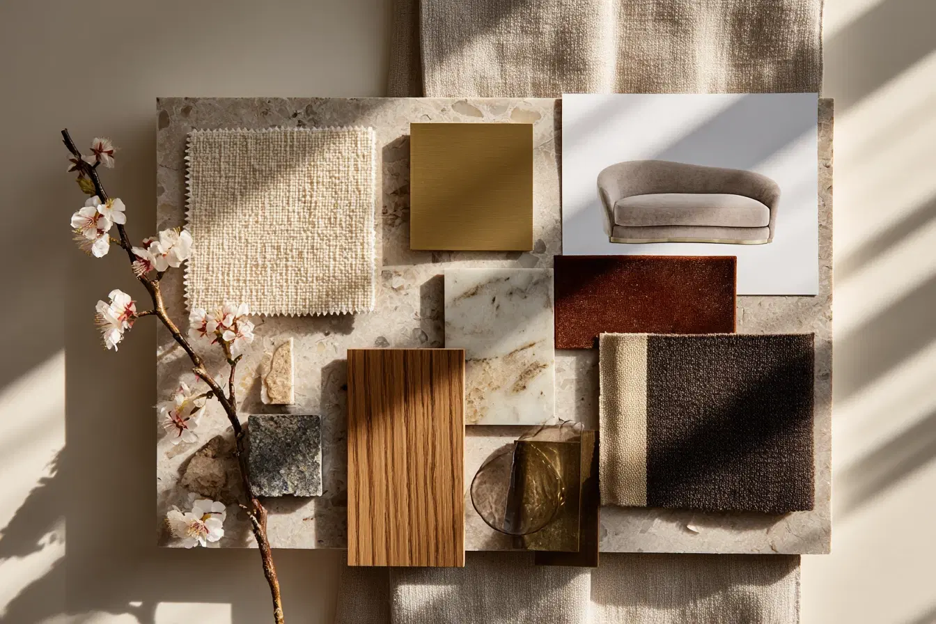 A sample board for an FF&E specification: bouclé, brushed brass, oak, travertine and oxblood velvet in raking sunlight