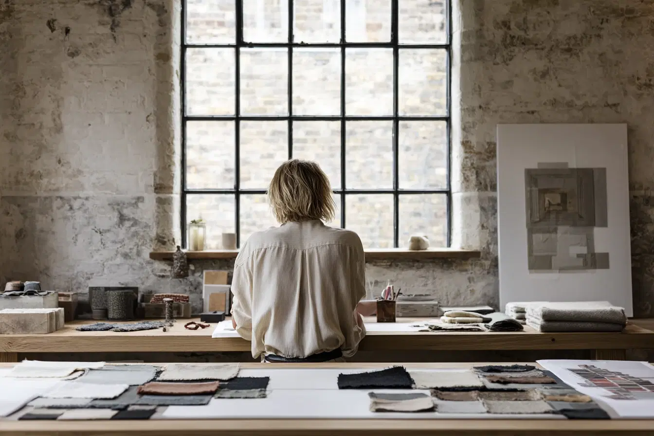 A designer at a long work table beneath a steel warehouse window, fabric samples laid out
