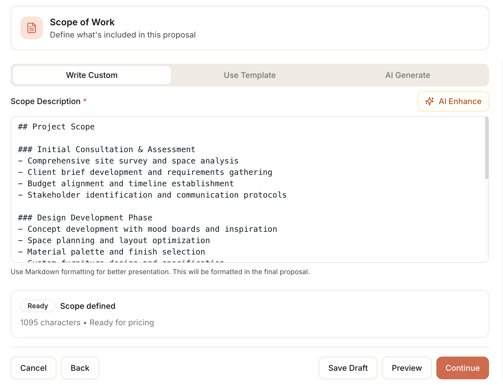 AI scope definition interface for interior design proposals with markdown formatting, project phases, and deliverables outline