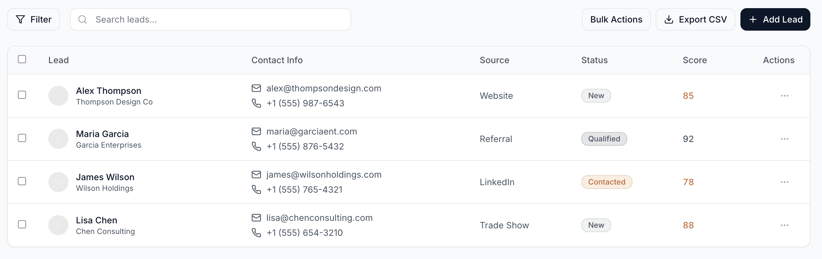 Interior design CRM lead intake table showing source tracking, status chips, and contact details for studio management