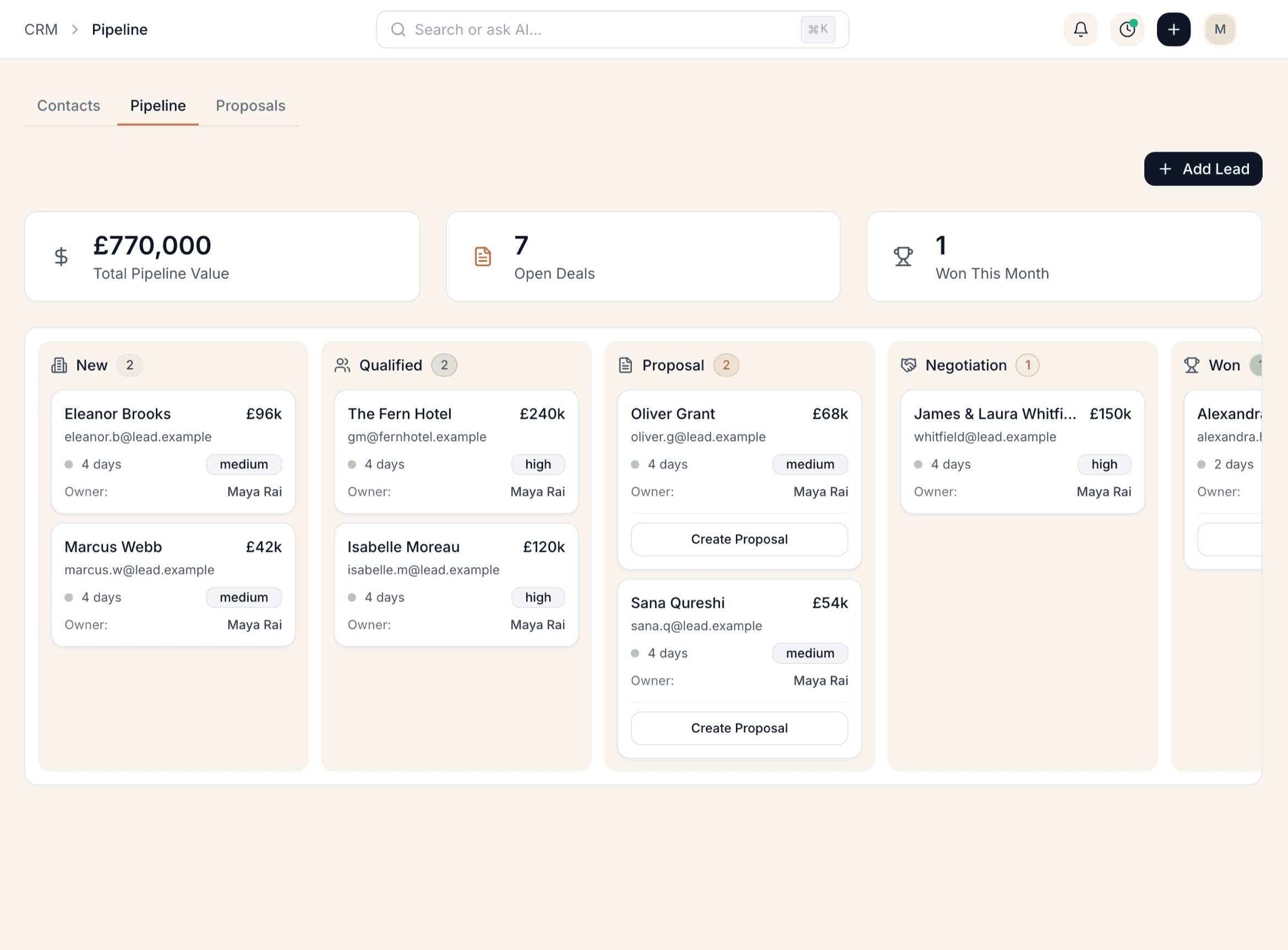 Interior design sales pipeline Kanban board showing deal stages from lead to won with project cards and revenue values