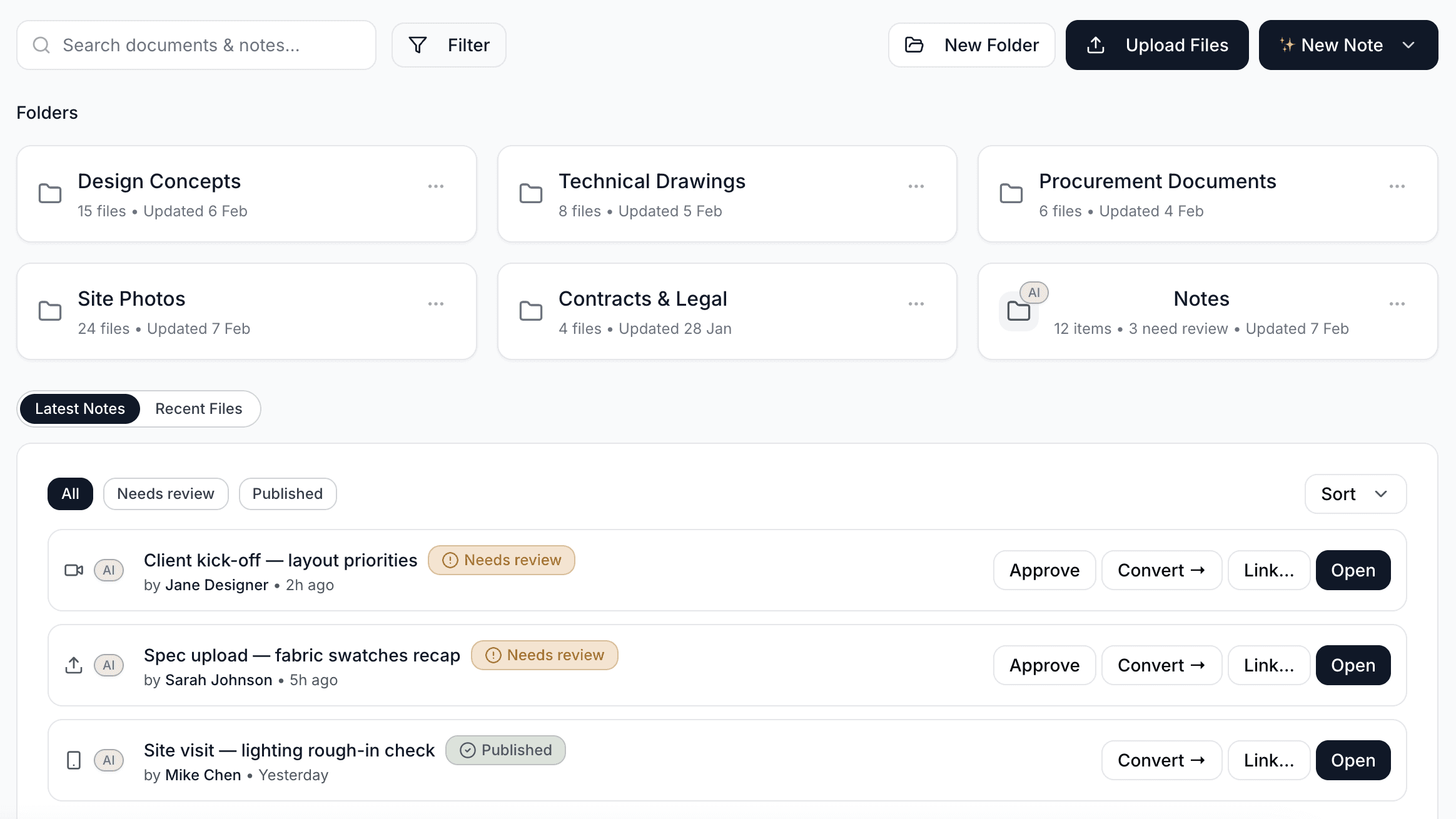 Documents workspace showing organized folders for Design Concepts, Technical Drawings, and Procurement Documents with notes list and status indicators