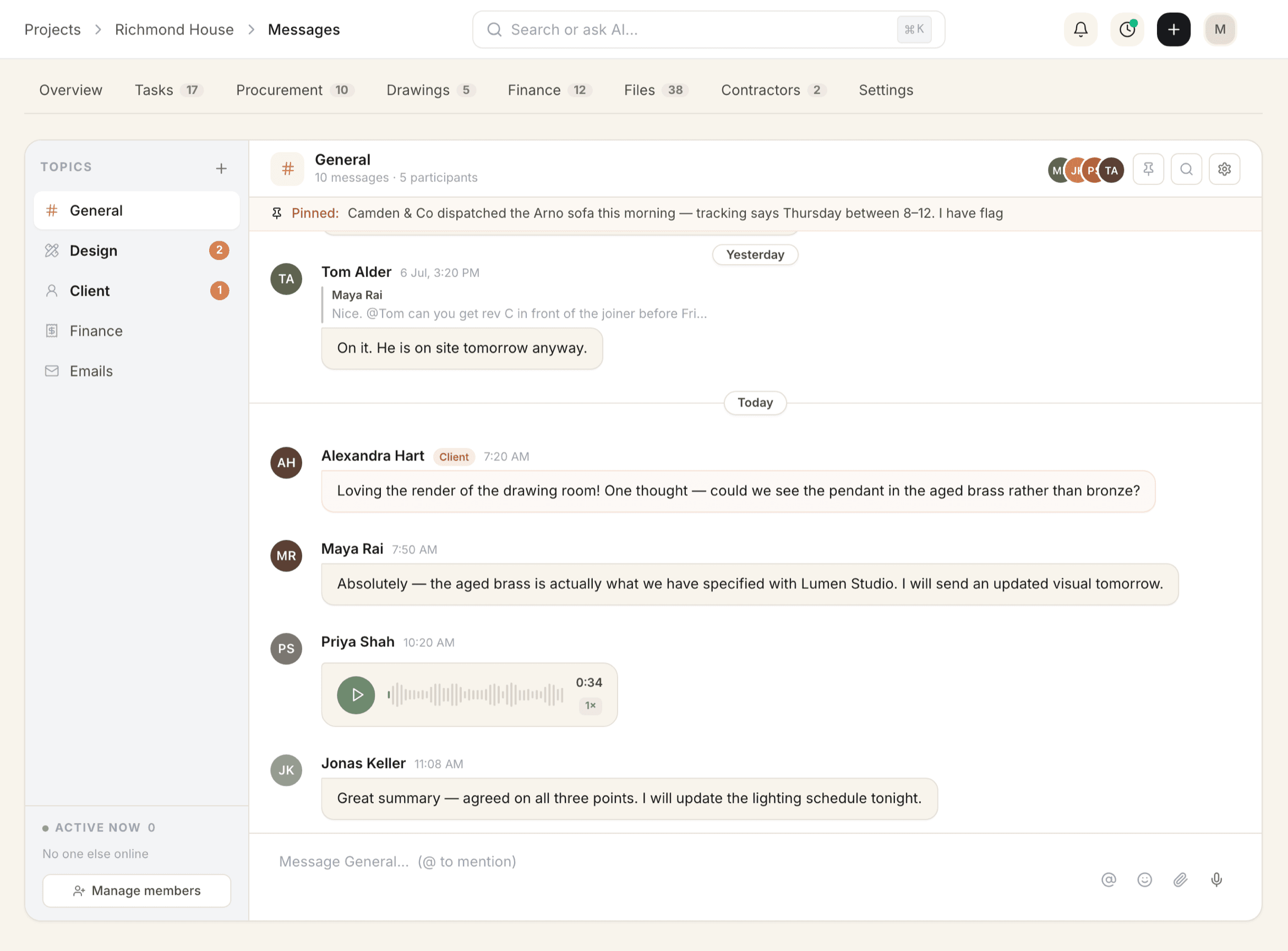 Project messages feed with email and portal threads