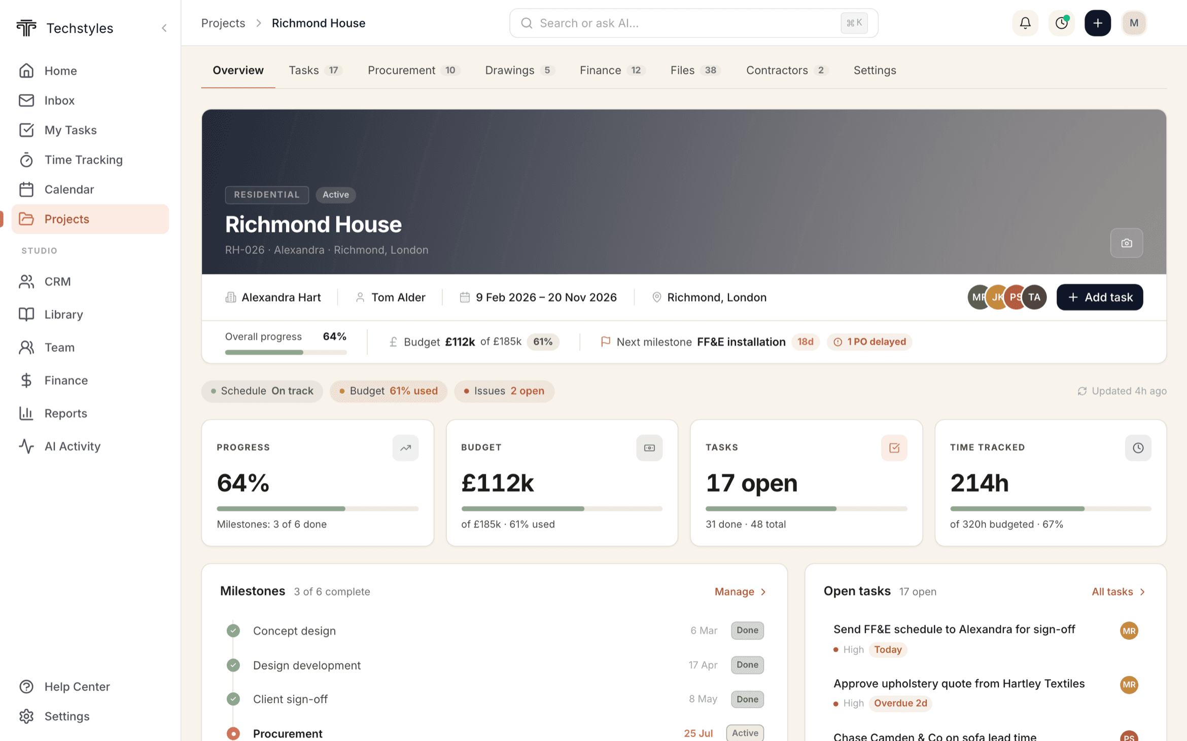 Project overview dashboard showing KPIs, timeline, and procurement status for interior design project management