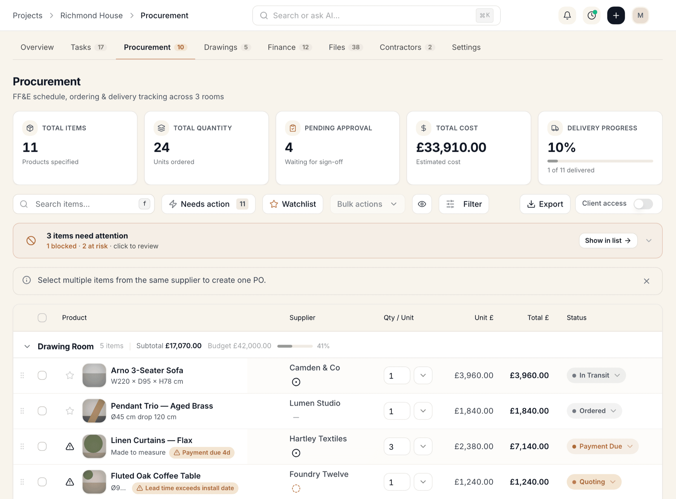 Procurement items table showing product specifications, costs, delivery status, and Create PO functionality