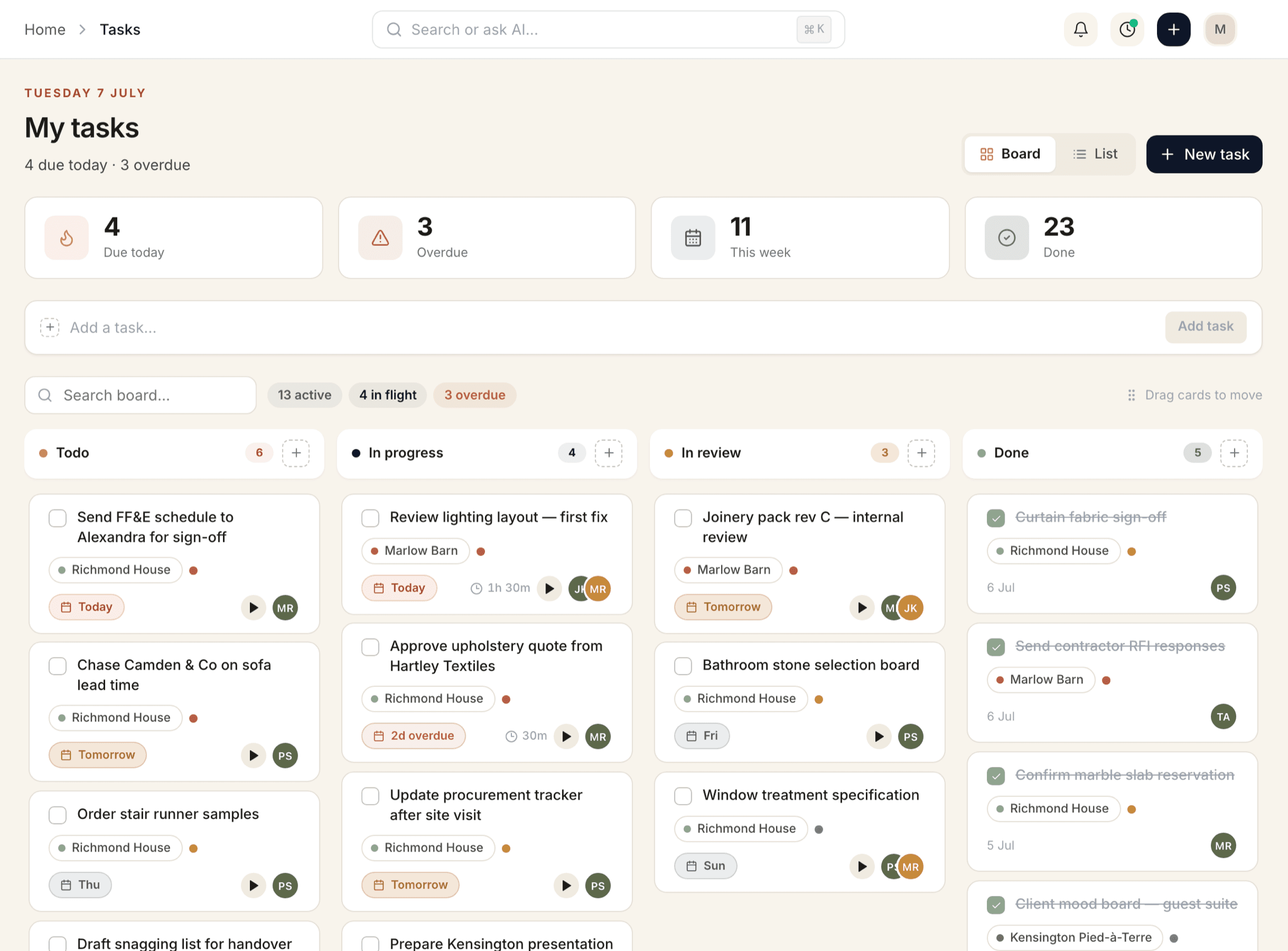 Tasks Kanban board showing design phases with task cards, assignees, and progress tracking