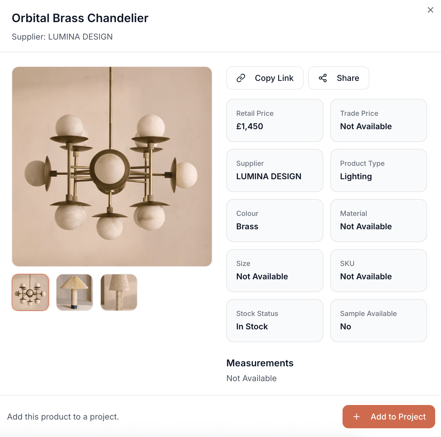 Techstyles product record for an Orbital Brass Chandelier with price, supplier, colour, material and stock fields extracted from a vendor page