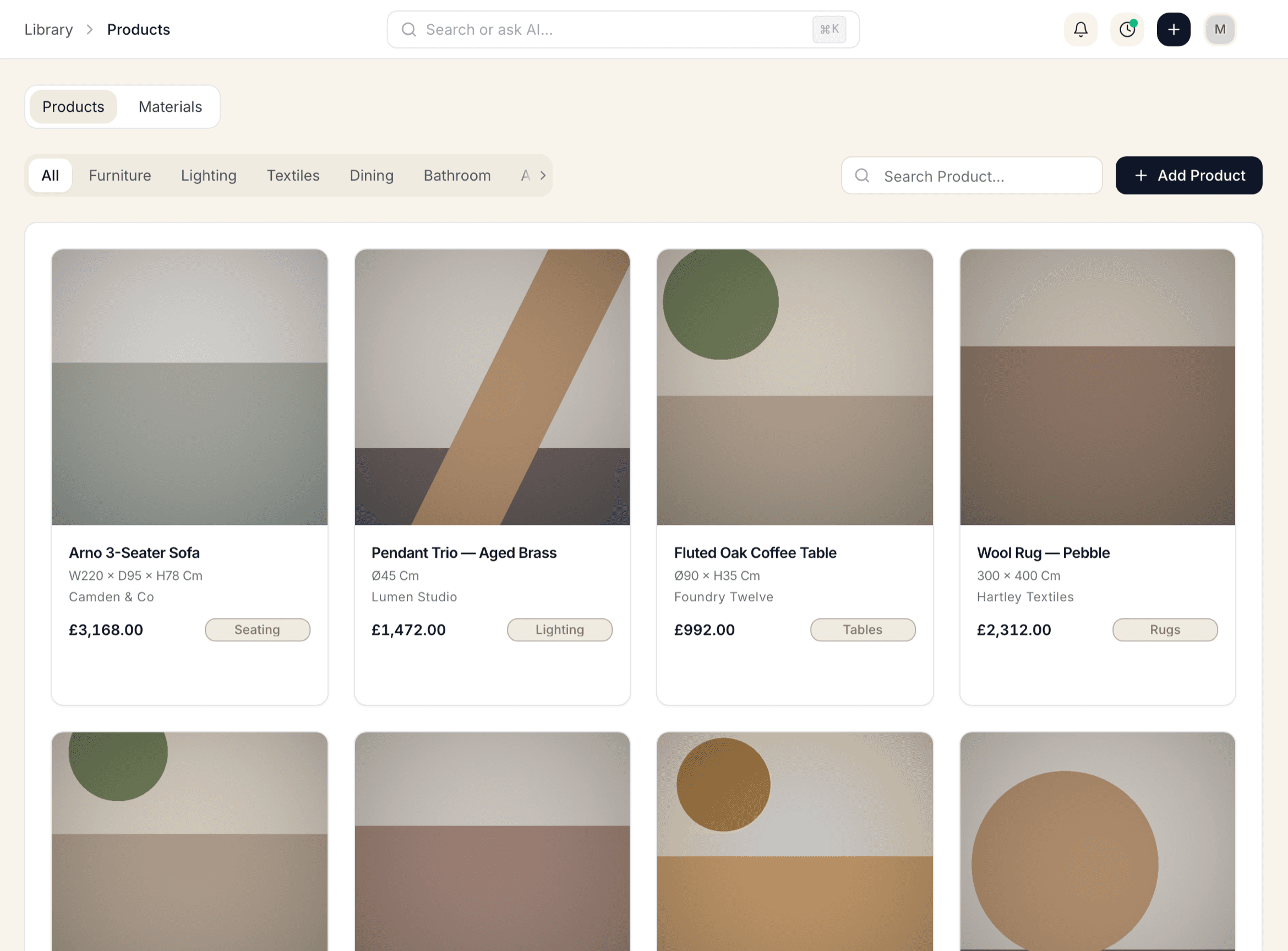 Product library grid interface showing categorized products with filters