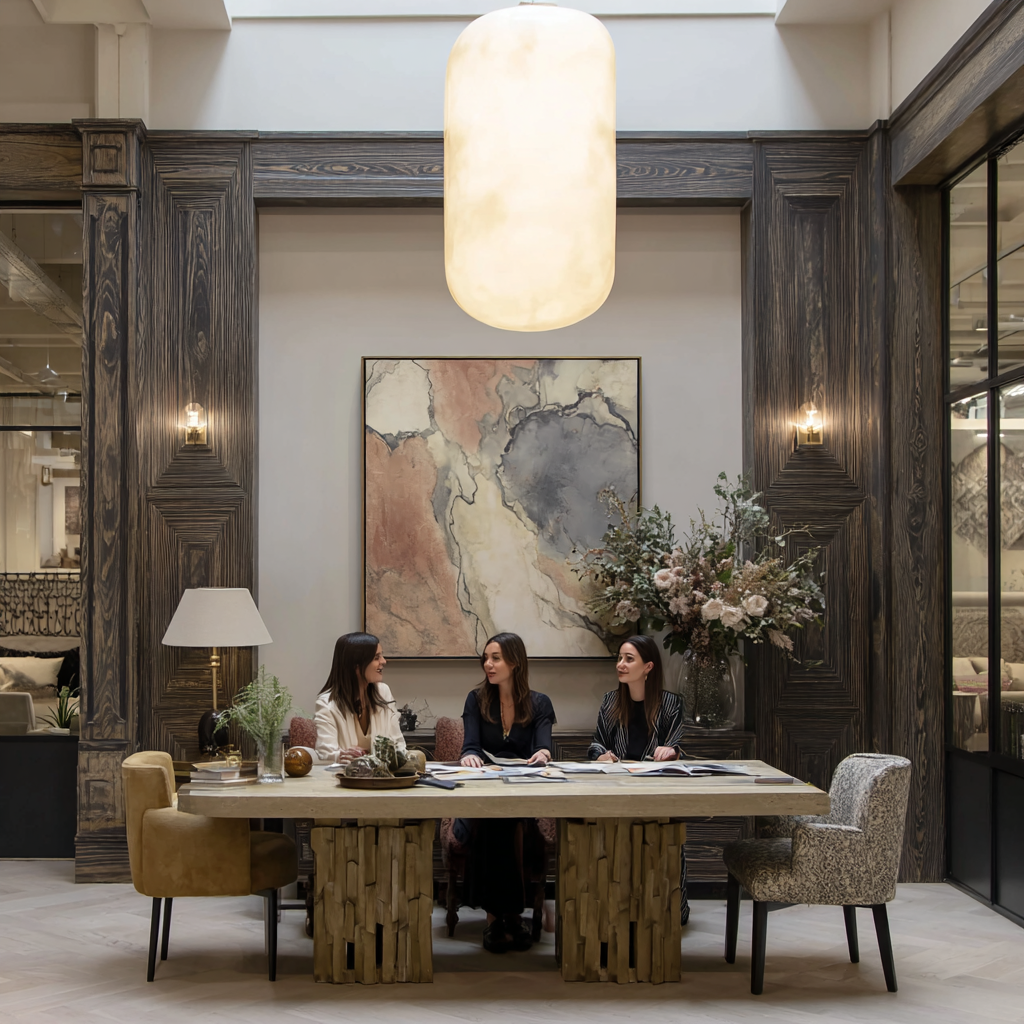 Three interior designers collaborating at a studio table in a warm, modern space with pendant light and abstract artwork.