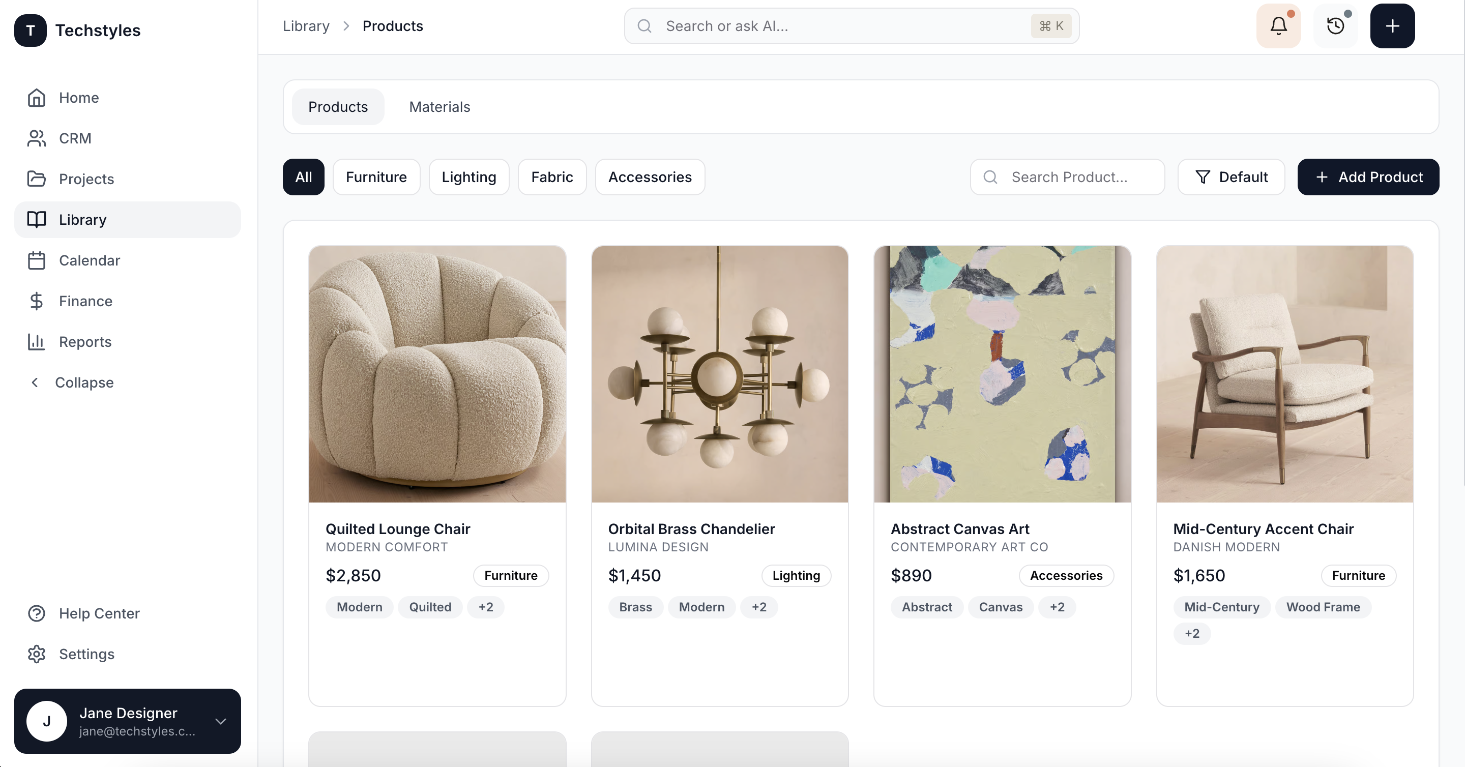 Product library interface showing organized collections and AI-powered search