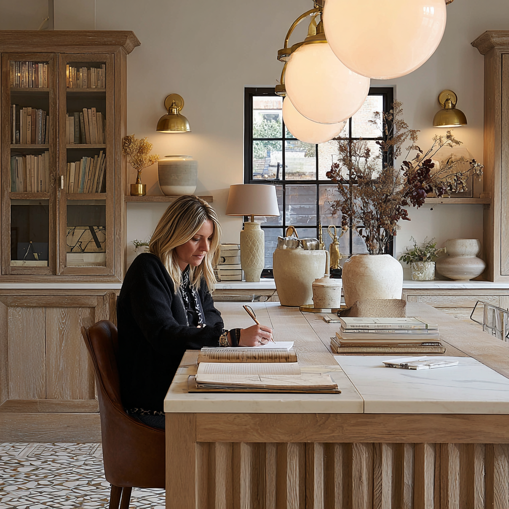 Interior designer working at wooden desk in elegant studio with built-in bookshelves and brass lighting