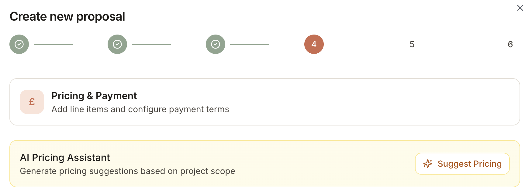 AI-powered proposal creation interface showing project details, scope definition, and pricing automation