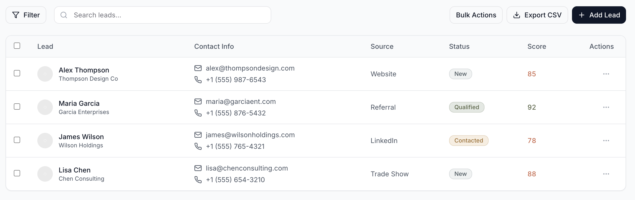 Lead intake list showing sources and status chips