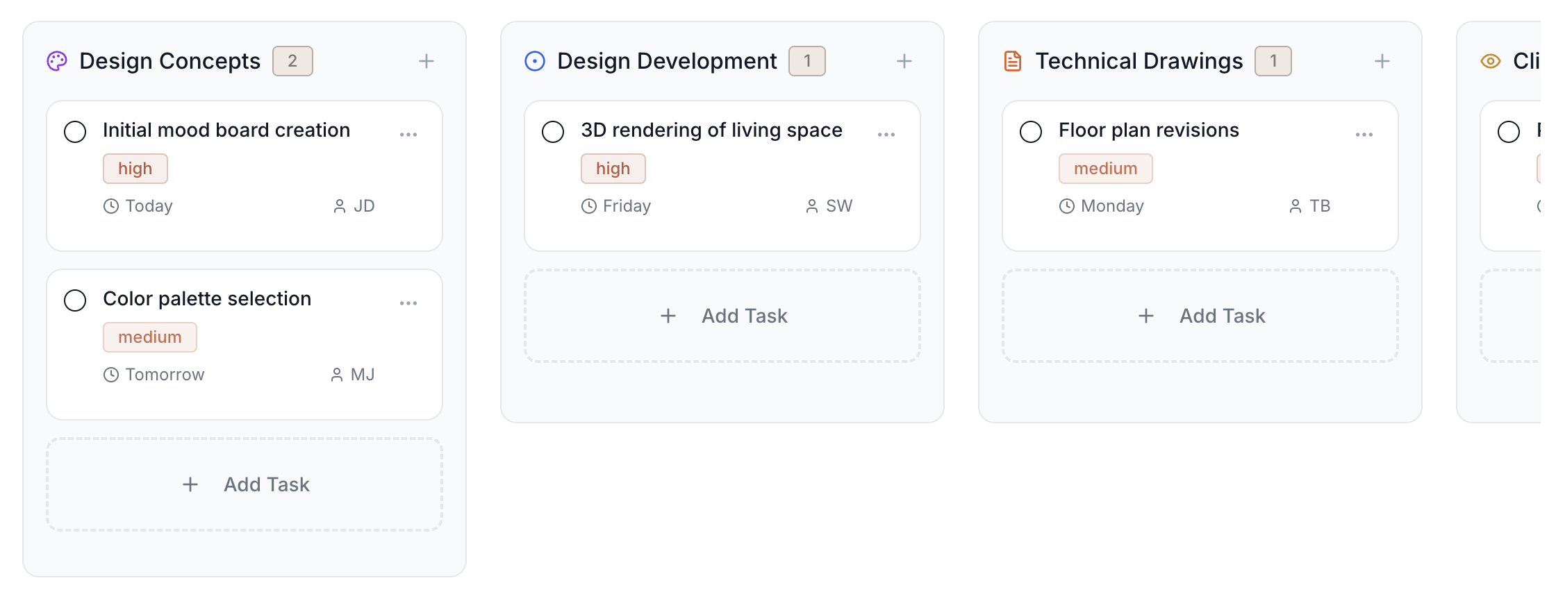 Tasks Kanban board showing design phases with task cards, assignees, and progress tracking