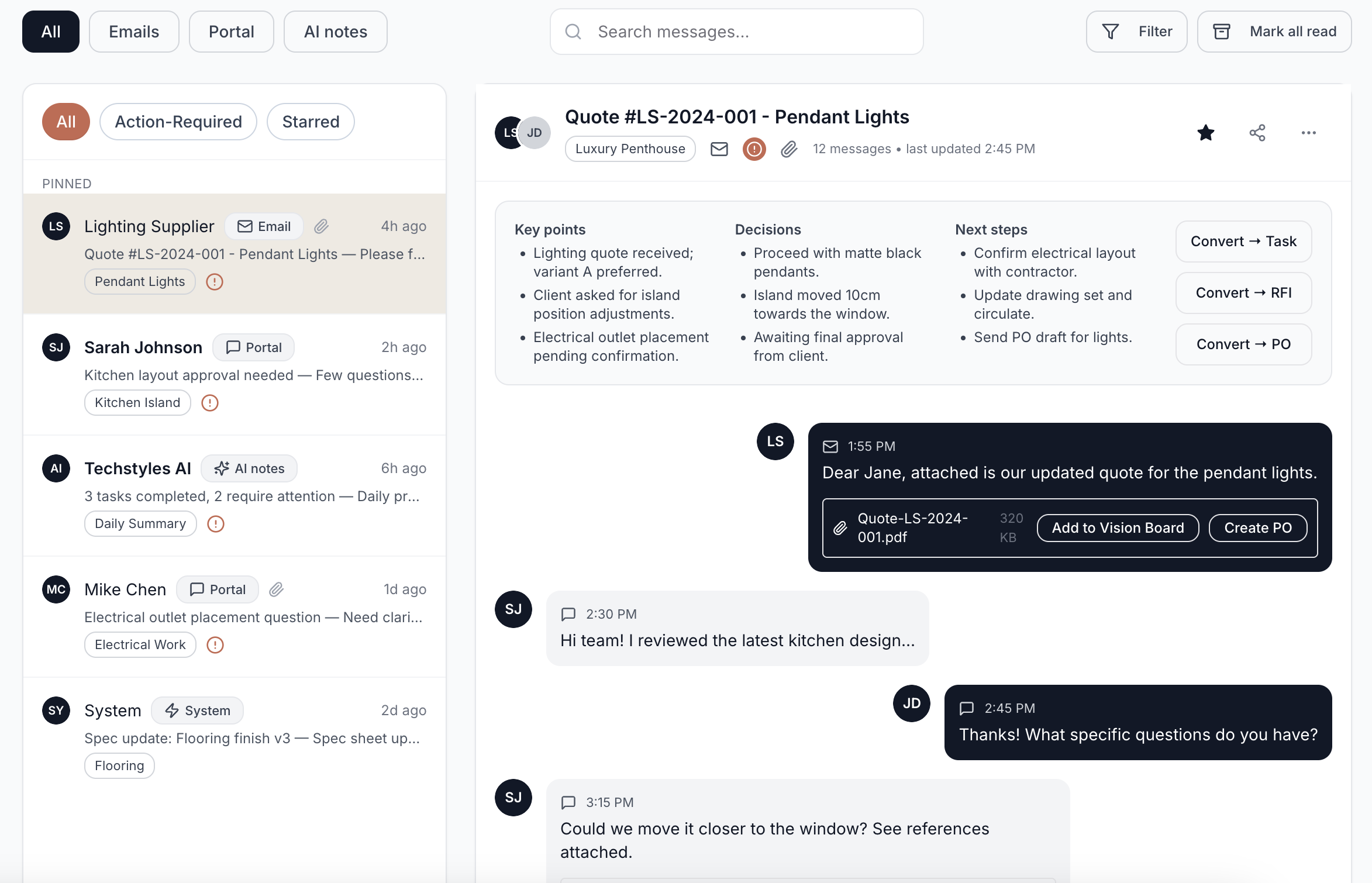 Project messages interface showing thread list and detailed conversation with action buttons for task creation and file management